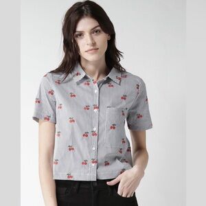 Forever 21  Embroidered Cherry Pattern Button Down Tshirt- Large